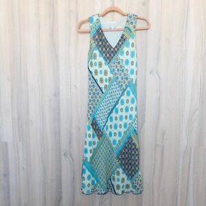 Y2K Lapis Womens Patchwork Midi Dress Size S Blue Brown Sleeveless Boho Artsy